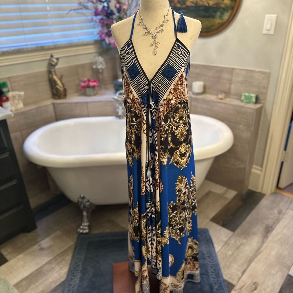 Elegant Blue Halter Maxi Dress